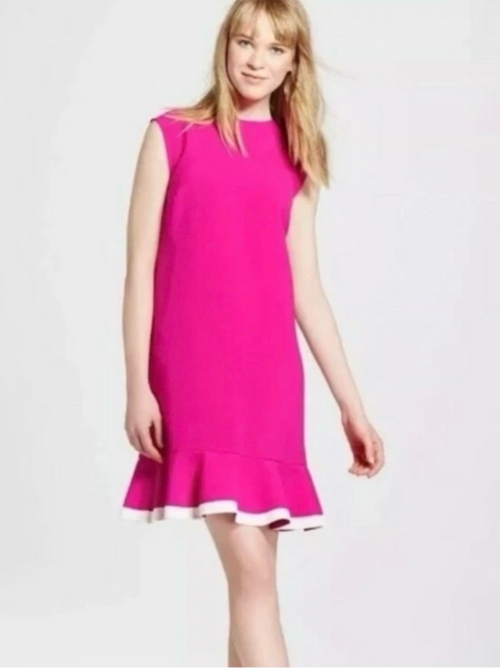 Victoria Beckham Hot Pink Sleeveless Ruffle-Hem Dress with White Trim
